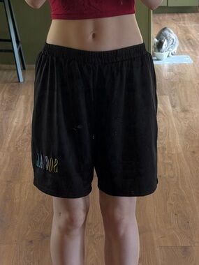 Black Elastic-Waist Athletic Shorts with Rainbow Detail